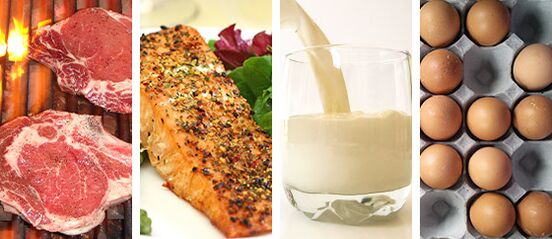 Červené mäso a ryby, plnotučné mlieko, vajcia sú hlavnými potravinami pre ketogénnu diétu. 